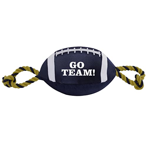 Pets First Football Dog Toy, Tough Nylon Quality Materials with Strong Pull Ropes & Inner Squeaker, Nylon Football Blue/Gold - color: Generic