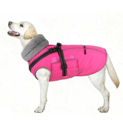 Dog Coat Medium, Built-in Harness Dog Jacket with Warm Fleece Lining, Waterproof Reflective Dogs Winter Coat, Pet Coats with Pocket and Trash Bags (Pink, Medium) - color: Pink, size: Medium