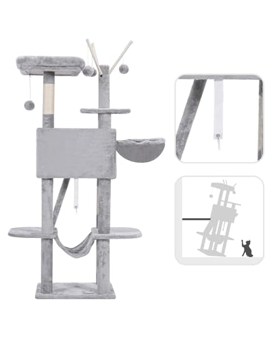 Hey-brother Cat Tree, 53 inch Cat Tower for Indoor Cats, Cat House with Padded Platform Bed, Toy Balls, Large Cozy Condo, Hammocks and Sisal Scratching Posts, Light Gray MPJ019-SW - color: Light Gray