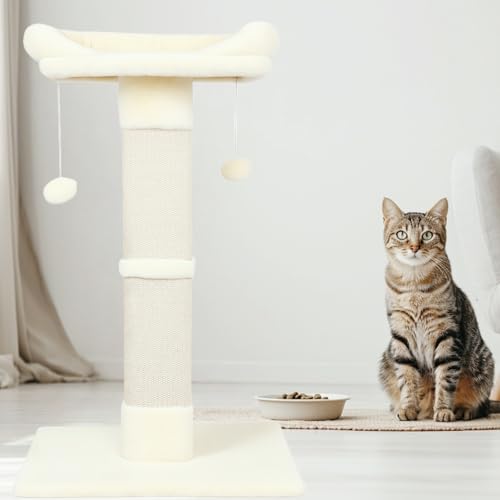 34" Cat Scratching Post for Indoor Cats, Sisal Cat Scratcher with Large Plush Perch, Vertical Posts with Elevated Bed and with Two Dangling Balls, Removable & Washable Cover, Beige White - color: Beige white