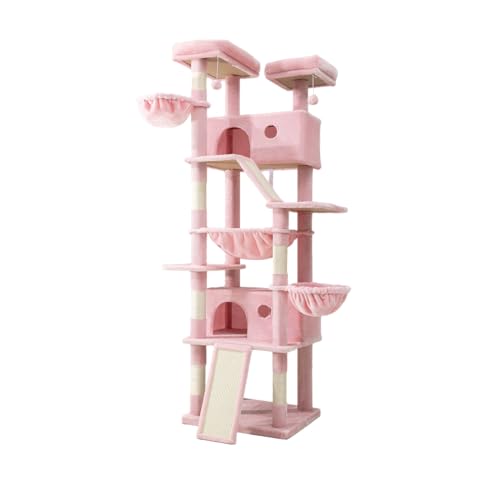 SHA CERLIN 81in Multi-Level Tall Cat Tree Tower for Indoor Kitties/Larger Cat Condo Furniture with Hammock/Cozy Pussycat Perches/Sisal Scratching Posts/Pet House/Wide Base/Pink - color: Pink