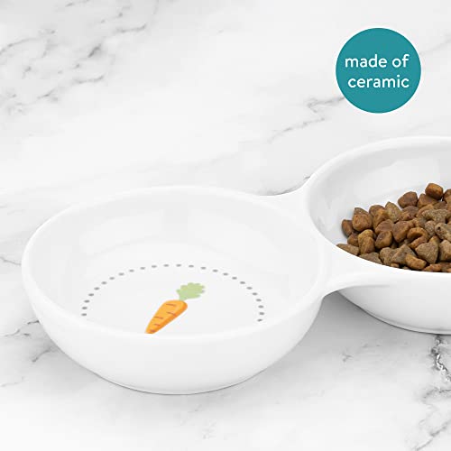 Navaris Double Food Bowl for Small Animals - Ceramic Food Bowls for Rabbits, Guinea Pigs, Small Pets - Rabbit Water Dish - Carrot and Grass Design - color: White