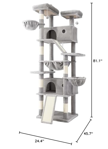 SHA CERLIN 81in Multi-Level Tall Cat Tree Tower for Indoor Kitties/Larger Cat Condo Furniture with Hammock/Cozy Pussycat Perches/Sisal Scratching Posts/Pet House/Wide Base/Grey - color: Grey