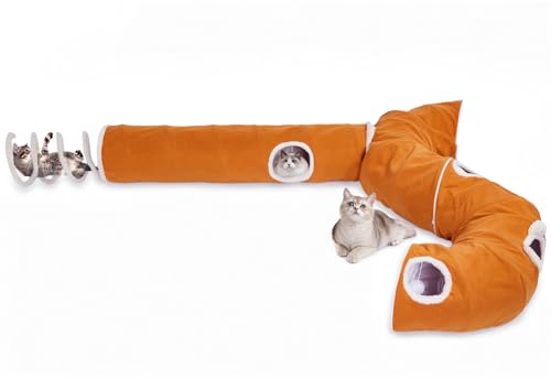 Ownpets 2-in-1 Cat Tunnel, Large Lollipop Shape Cat Tunnel Toy with Fluffy Balls, Spiral Toy, Plush Collapsible Cat Cave Hideout Donut Tunnel for Multi Kitten Puppy Rabbit (Orange) - color: Orange