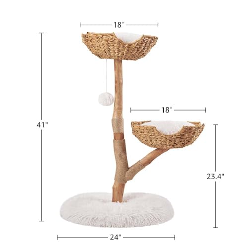 unipaws Wood Cat Tree Tower for Large Cats 20lbs, Updated Enlarge 24" Base with Dual Woven Baskets, 41" H Cat Activity Tree with Plush Cushions and Scratching Post - size: 2 baskets