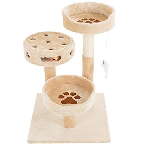 Cat Tree - 3-Tier Tall Cat Tower Condo with 2 Napping Perches, Sisal Rope Scratching Post, Hanging Mouse and Interactive Wheel Toy by PETMAKER (Beige), 27.5" - color: Beige