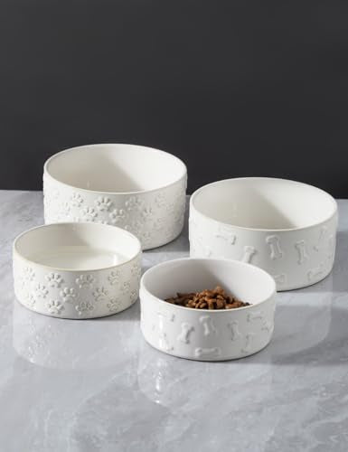 UBEE Small Dog Bowls Set of 2, 5.1 inch Ceramic Dog Dish Food Bowl, Pet Food Water Dish Feeding for Small Dogs and Large Cat, Paw Pattern, 5.1 in-Small, White - size: 5.1 in-Small