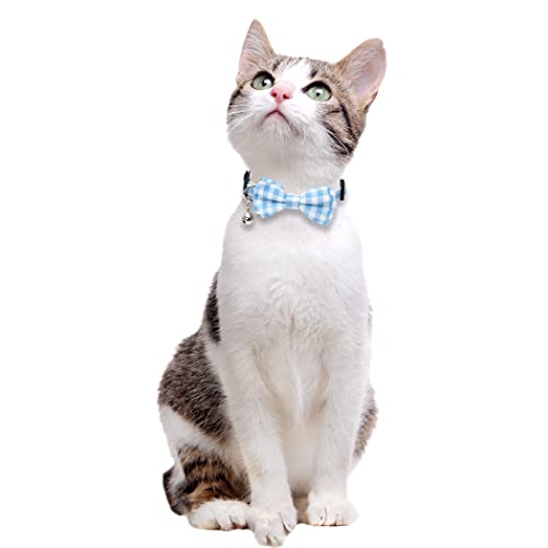 2 Pack/Set Cat Collar Breakaway with Cute Bow Tie and Bell Plaid Flower for Kitty Adjustable Safety - color: Blue-2