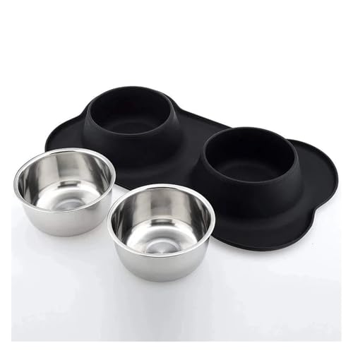 Antislip Double Dog Bowl with Silicone Mat Durable Stainless Steel Water Food Feeder Pet Feeding Drinking Bowls(White,L 48x28CM)