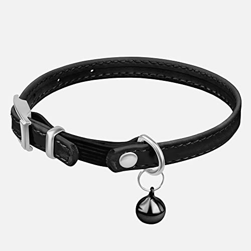 CollarDirect Leather Cat Collar with Removable Bell – Safety Elastic Strap (Breakaway Alternative) – Kitten Collar for Small & Big Boy & Girl Cats - color: Black, size: 6-7 Inch