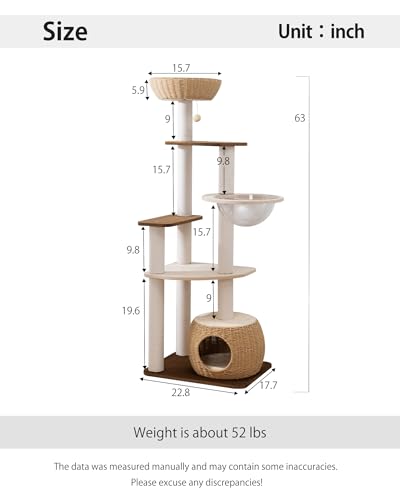 Modern Cat Tree for Large Cat, 57-Inch Tall Cat Tower with Scratching Post for Indoor Cats, Multi-Level Cat Condo with Hand-Woven Cat Bed and Acrylic Bowl (White 81007DD) - color: Brown 81007D