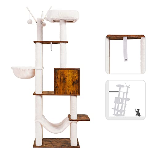 Hey-brother Wooden Cat Tree, 66.1“ Cat Furniture with Scratching Posts, Modern Cat Tower with hammocks, Toys, cat condo, Rustic Brown MPJ120SR - color: Rustic Brown