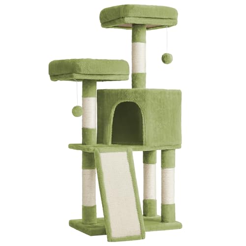 Feandrea Cat Tree, 45.3-Inch Cat Tower, Plush Condo with Scratching Post, Ramp, Perch, Spacious Cave, for Small Space, Grass Green UPCT141C01 - color: Grass Green
