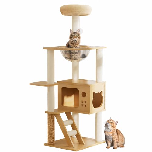 Modern Wooden Cat Tree Tower, 48.8 Inch, with Sisal Scratching Posts, Acrylic Hammock, Condo House and Ladder, for Indoor Cats