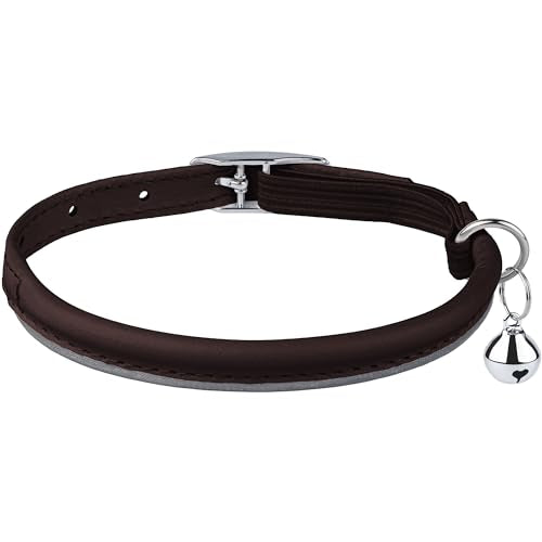 OOPSDOGGY Rolled Leather Cat Collar with Bell, Reflective Kitten Collars with Buckle Include Safety Elastic Strap - Adjustable Small Pet Collars for Boy Girl Cats (Dark Brown) - color: Dark Brown