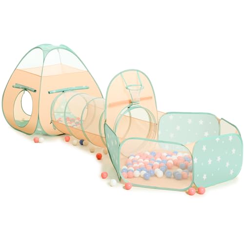 SISTICKER 3 in 1 Kids Play Tent with Baby Ball Pit and Play Tunnel, Toddler Climbing Toys for Boys, Girls, Babies, Indoor Outdoor Pop Up Playhouse Tunnel Toys (Balls NOT Included) - style: Orange/Green