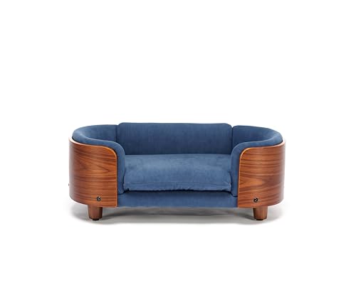 HomSof 26.38" Scandinavian Style Elevated Dog Cat Bed Pet Sofa with Solid Wood Legs and Bent Wood Back with Velvet Cushion,Small Size,Navy+Brown - color: Navy+Brown, size: 26.4"L x 16.1"W x 9.8"Th