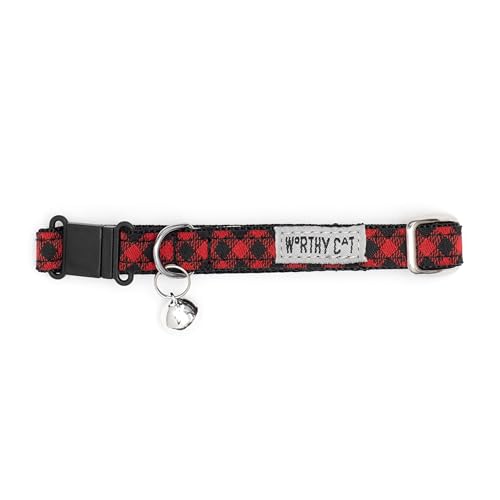 THE WORTHY DOG Patterned Bias Buffalo Plaid Cat Collar with Bell, Adjustable Nylon Safety Collar, Red/Black, One Size - color: Red/Black-Bias Buffalo Plaid