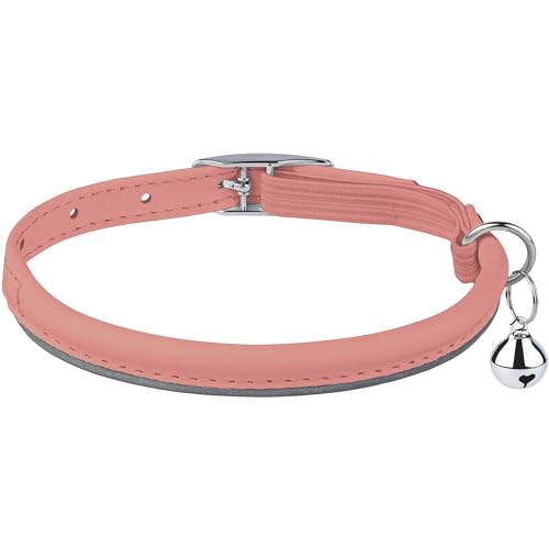OOPSDOGGY Rolled Leather Cat Collar with Bell, Reflective Kitten Collars with Buckle Include Safety Elastic Strap - Adjustable Small Pet Collars for Boy Girl Cats (Peach) - color: Peach