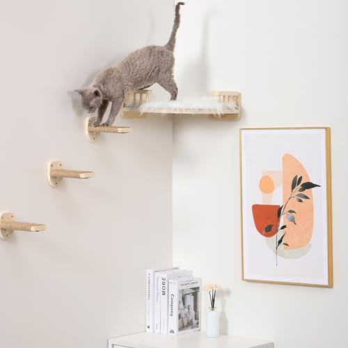 Cat Wall Shelves with 3 Steps Scratch Post, Climbing Shelf and Hammock for Indoor Cats (Wood)