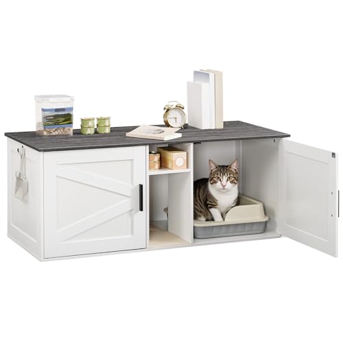 HOOBRO Double Litter Box Enclosure, Modern Cat Litter Box Furniture with Storage and Mat Design, Farmhouse Hidden Litter Box Enclosure with 2 Hooks, White and Charcoal Gray BW23MW01 - color: White + Charcoal Gray