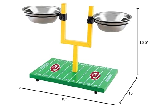 NCAA Oklahoma Sooners Goalpost Football Field Dog Feeder – Adjustable Elevated Dog Bowls with Stand, 2 Stainless Steel Bowls, Non-Slip Rubber Feet, Raised Pet Feeder for Large & Small Dogs - color: Oklahoma Sooners