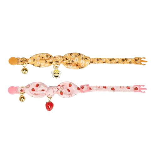 2 Pack Cotton Cat Collar, Removable Bowtie, Floral Pattern, Safety Breakaway Clasp, Adjustable for Cats.(Adult Cat, Bee+Strawberry) - color: 2 Pack (Bee+Strawberry)