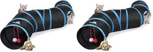 Pawaboo Cat Toys - S-Shaped Tunnels 25x97cm Extensible Collapsible Cat Play Tent Interactive Toy Maze House with Balls and Bells for Kitten, Blue - color: Blue, size: S Way (Pack of 2)
