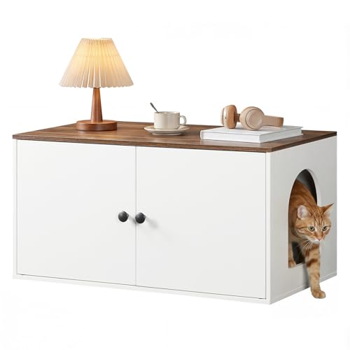 HOOBRO Cat Litter Box Enclosure, Hidden Litter Box Furniture with Side Entry, Litter Box Cabinet, Indoor Cat House, End Side Table, 31.5" L x 17.7" W x 16.3H, for Bathroom, White and Walnut WH40MW01 - color: White + Walnut