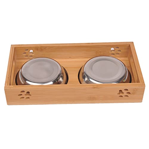 Dog Feeding Mats Pet Cat Bowl Bear Bamboo Plate Double Natural Durable Safety Wood Stainless Steel Dog Utility