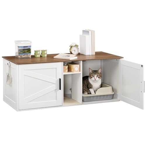 HOOBRO Double Litter Box Enclosure, Modern Cat Litter Box Furniture with Storage and Mat Design, Farmhouse Hidden Litter Box Enclosure with 2 Hooks, White and Walnut WH23MW01 - color: White + Walnut