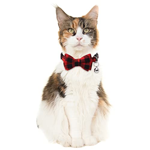 Christmas Cat Collar Halloween Thanksgiving Day Fall Breakaway with Cute Bow Tie and Bell for Kitty Adjustable Safety Plaid - color: Red+Green+Orange