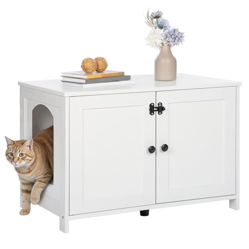 HOOBRO Litter Box Enclosure, Cat Litter Box Furniture with Removable Divider, Large Hidden Litter Box Furniture, Wooden Cat House, End Side Table, 31" L x 17.5" W x 19.7" H, White WT03MW01G2 - color: White