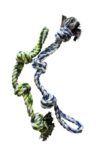 Dog Rope Toys, Heavy Duty Chew Toy for Large Dogs, 2-Pack Durable Tug of War Toys, 100% Cotton, Safe & Washable, Great for Teeth Cleaning, (Blue/White and Green/White/Green) - color: blue/white and green/white/green