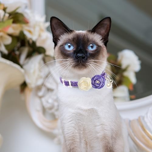 Cat Collars with Bell - 3 Pack Breakaway Floral Cute Cat Collars for Girl Boy Cats, Kitten, Puppy - Adjustable (7.5"-12.5") Soft Velvet Cat Collar Accessories - color: pink+green+purple