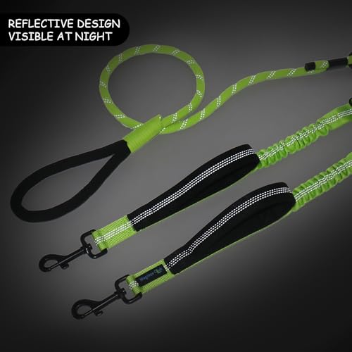 Double Dog Leash No Tangle – Dual Dog Leash for 2 Dogs with Shock Absorbing Bungee, 360° Swivel, Reflective Safety, Heavy Duty for Medium & Large Dogs (Neon Green) - color: Neon Green