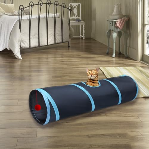 Cat Tunnel Tube Toys,Tunnels for Indoor Cats, 2 Way Blue Collapsible Interactive Toy with Balls for Rabbits, Kittens, Ferrets, Puppy - color: 2 Way Black Blue