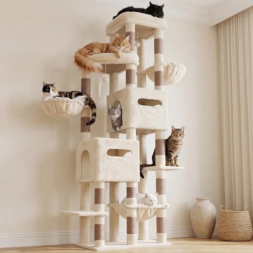 Heybly Cat Tree, 74.8-Inch Spacious & Tall Cat Tower for Large Cats, Cat Furniture with Large Top Perch, Solid Base, 2 Cat Condos, Hanging Hammock, Durable Sisal Scratching Posts, Beige HCT062MJ - color: Beige New