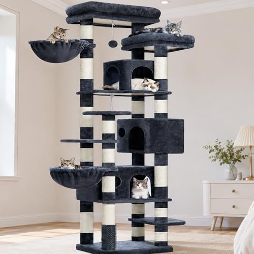 Hey-brother Cat Tree, 74 inches Multi-Level XL Large Cat Tower for Indoor Cats with Three Cat Condos, Two Large Top Decks and Cat Hairbrushfor Kittens, Cats and Pets, Smoky Gray MPJ035-MG - color: Smoky Gray