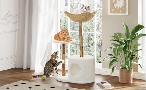 Modern Cat Tree Tower, Natural Solid Wood & Rattan Design with Woven Basket & Condo, Multi-Level Cat Activity Center for Indoor Cats, Aesthetic Pet Furniture - size: Small