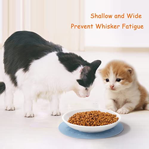 Ceramic Cat Food Plates for Wet Food, Wide Bowls to Stress Relief of Whisker Fatigue Cat Dishes, Shallow Bowls for Kittens and Small Animals with Non-Slip Mat