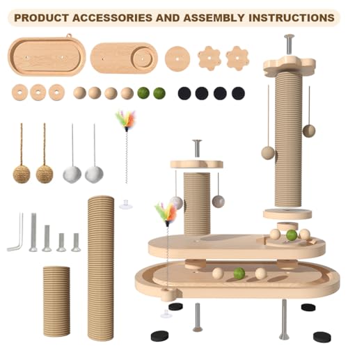 Cat Scratching Post, Sisal Cat Scratcher Post - 4-in-1 Cat Solid Wood Activity Center | Indoor Interactive Cat Toy with Trackball (Rolling), Feather Teaser, Hanging Balls & Natural Catnip Ball