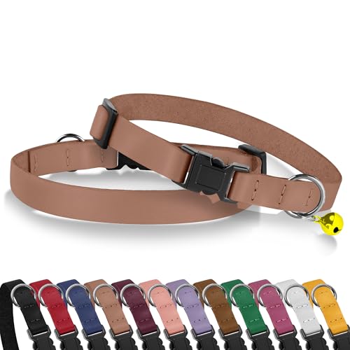 Breakaway Cat Collar with Bell - Leather Adjustable Kitten Collars with Safety Quick Release Buckle - Soft Small Pet Collars for Girl & Boy Cats (Mocha) - color: Mocha