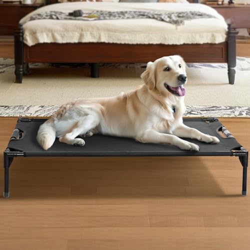 Petsfit Elevated Dog Bed for Large Dogs – Patented Anti-Sag Tension Bar, Cooling Raised Dog Cot for Outdoor/Camping/Indoor, Teslin Mesh, Non-Slip Frame, 48" - size: L-48"