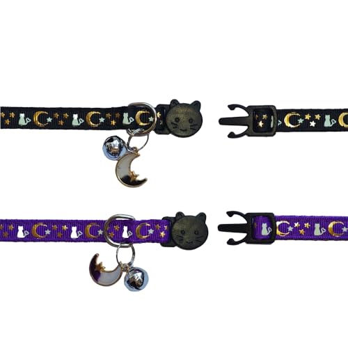 2 Pack Breakaway Cat Collars, Glow in Dark with Bell & Moon Star Pendant, Safety Buckle Kitten Collars Adjustable from 6.9-10.7" (Black/Purple) - color: Black & Purple, size: 6.9 - 10.7 in