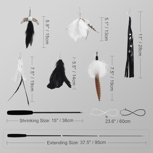 Cat Wand Toys for Indoor Cats - Cat Toy Set with Retractable Teaser Wand and 6 PCS Feather Toy Refills, Dragonfly Tassel Cat Toys Interactive, Black - color: Black