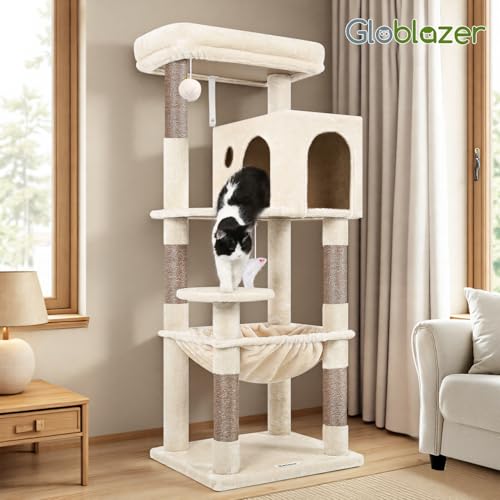 Globlazer Cat Tree Tower with Scratching Post for Indoor Cats, 53inch Tall Plush Multi-Level Cat Climbing Tower Condo House with Large Hammock, Spacious Cat Cave, Big Padded Top Perch Bed, F53, Beige - color: Beige