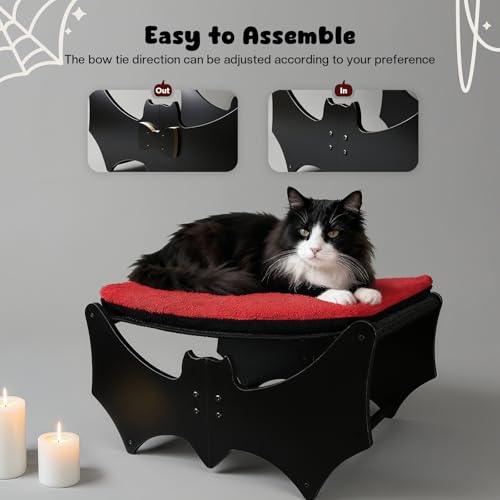 Gothic Cat Bed with Bat Design, Wooden Elevated Cat Beds with Sisal Scratching Mat, Cats Scratcher Bed with Removable Fluffy Cushion, Raised Pet Bed for Large Cats, 22" L x 17.7" W, Black - color: Gothic Black (Bat)