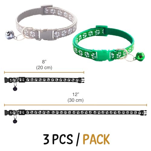 Vila Cat Collar with Bell, Reflective Adjustable Kitten Collar 7.5–12.5 Inches, Breakaway Safety Buckle, Lightweight Nylon Collar for Cats & Small Pets, 3-Pack (Green, Gray, Black)