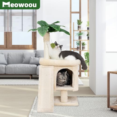 Meowoou Palm Cat Tree Tower for Indoor Cats with Cozy Cat Condo, 33'' Natural Sisal Scratching Posts and Plush Pom-pom for Small Kitty - size: 33 in Cat Tree